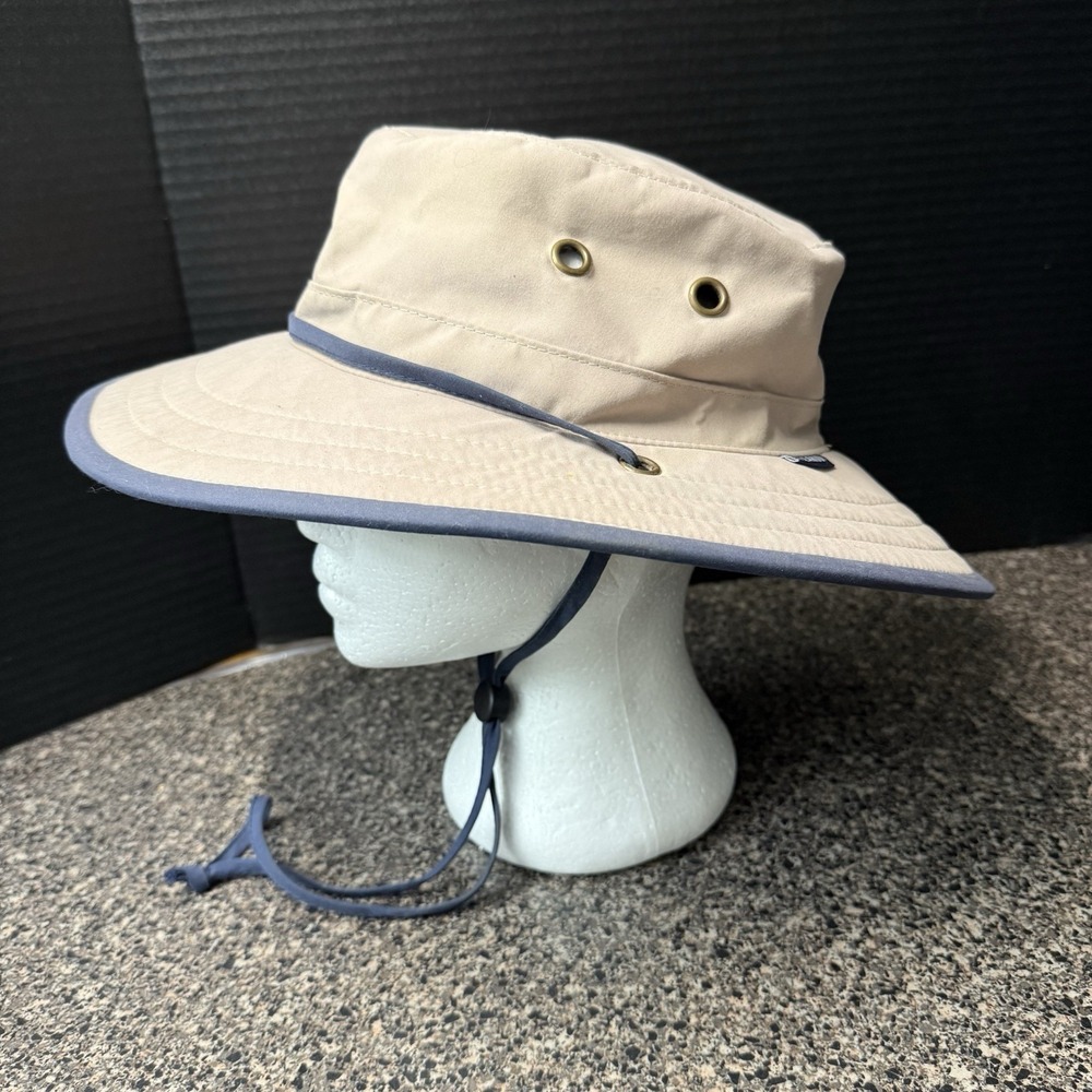 Wallaroo Sun Hat Explorer‎ M/L Beige Navy Wide Brim Outdoor Hiking Chin Strap
